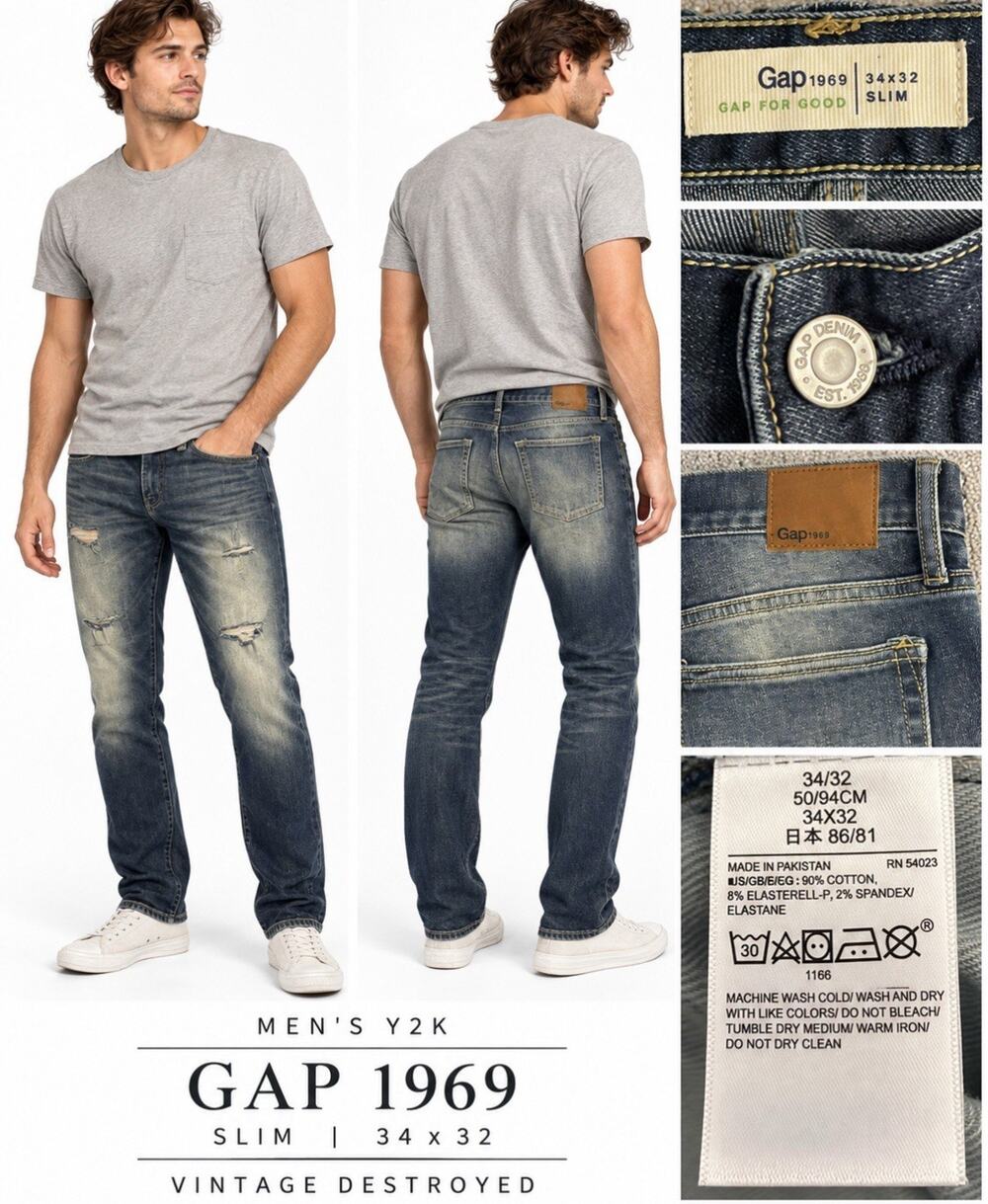 Grunge Gap 1969 Men's Slim Distressed Jeans Size 34 Medium Wash Stretch